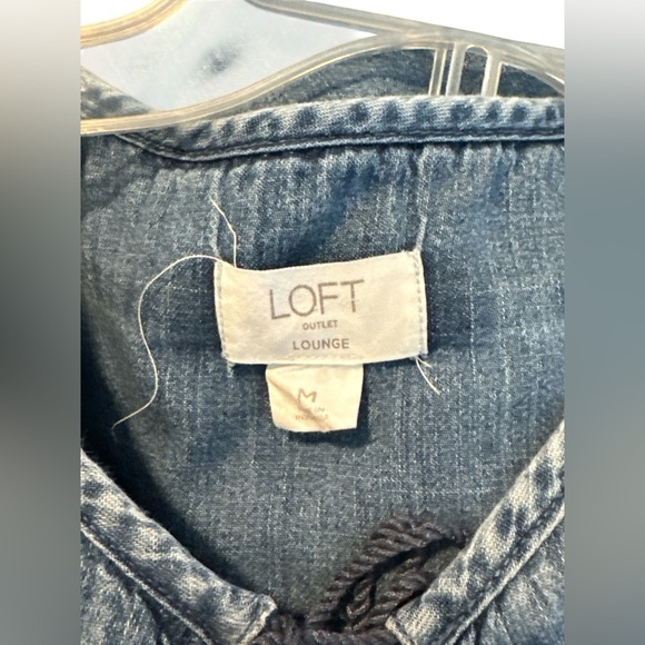 LOFT Lounge Tie Neck Tassel Denim Tunic Dress Pockets Size Medium 3/4 Sleeves - Picture 5 of 7